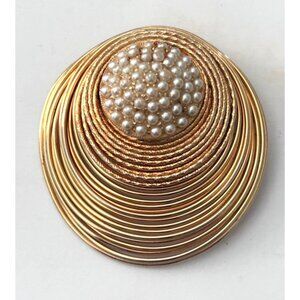 Vintage Gold-Tone Spiral Brooch Faux Pearl Cluster Center